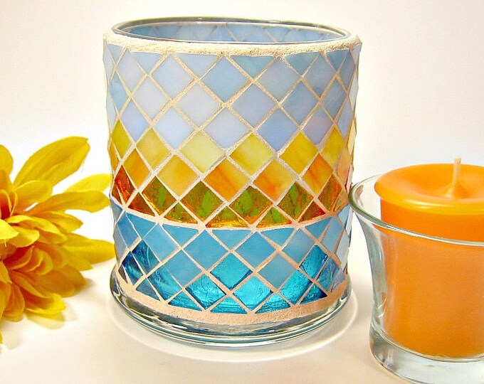 Stained Glass Mosaic Votive Candle Holder Aqua Yellow Orange Etsy