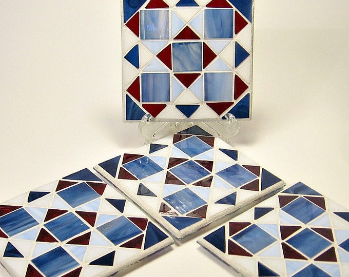 Stained Glass Mosaic Coaster Set Red, White and Blue Etsy
