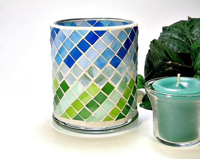Stained Glass Mosaic Votive Candle Holder Blue and Green Etsy