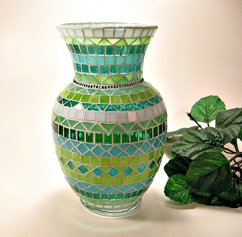 Stained glass mosaic vase teal aqua lime green Etsy