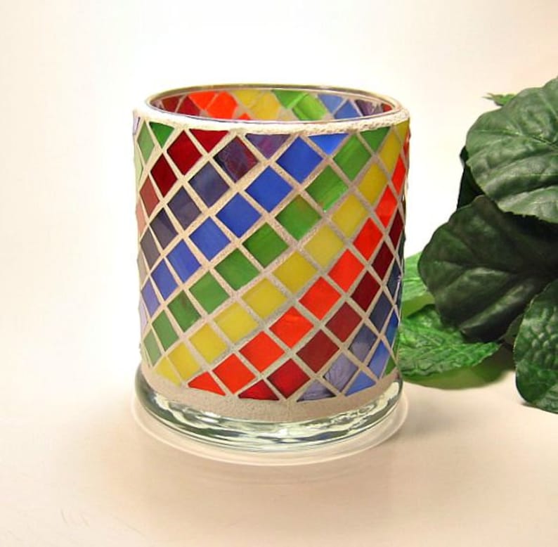 Stained glass mosaic candle holder rainbow Etsy