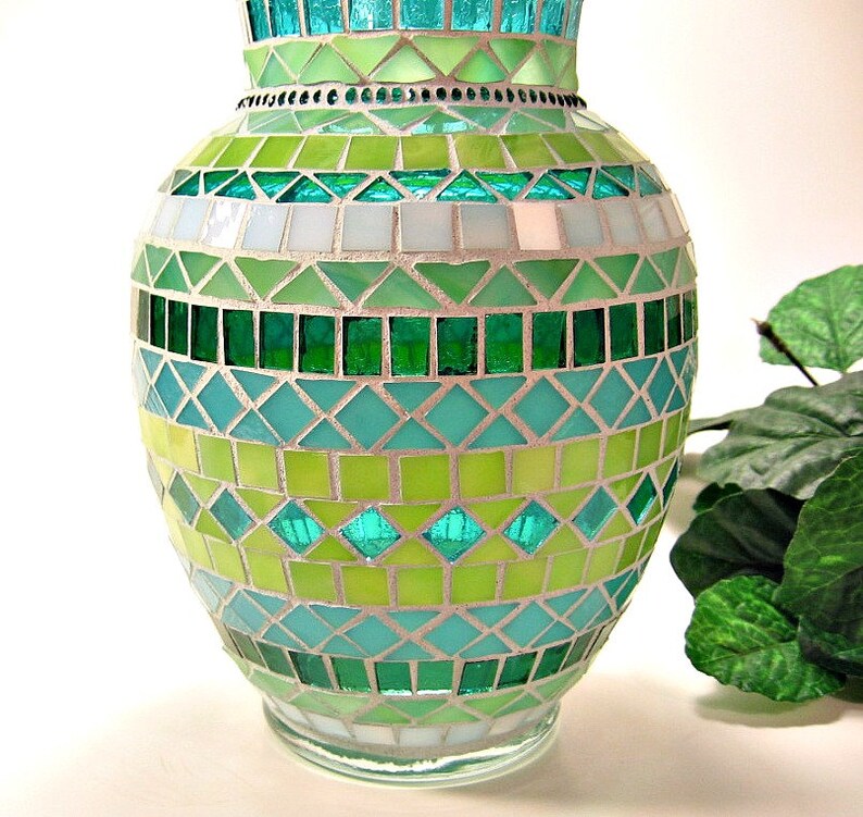 Stained glass mosaic vase teal aqua lime green Etsy