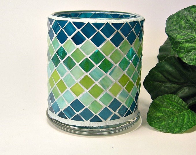 Stained Glass Mosaic Votive Candle Holder Teal Blue Aqua Lime Etsy