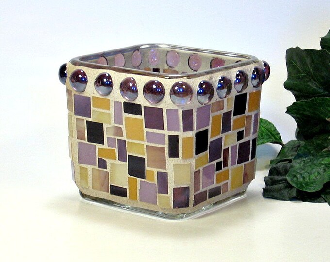 Stained Glass Mosaic Votive Candle Holder Plum Purple Amber Etsy