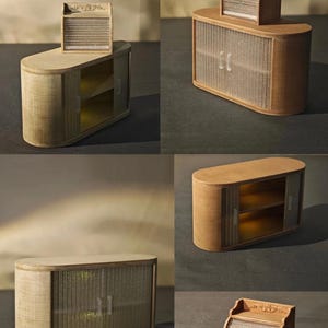 May include: A set of light brown wooden furniture pieces, including a cabinet with sliding doors and a small, decorative top piece. The cabinet has a woven texture on the doors and a curved design. The small piece has a decorative top.