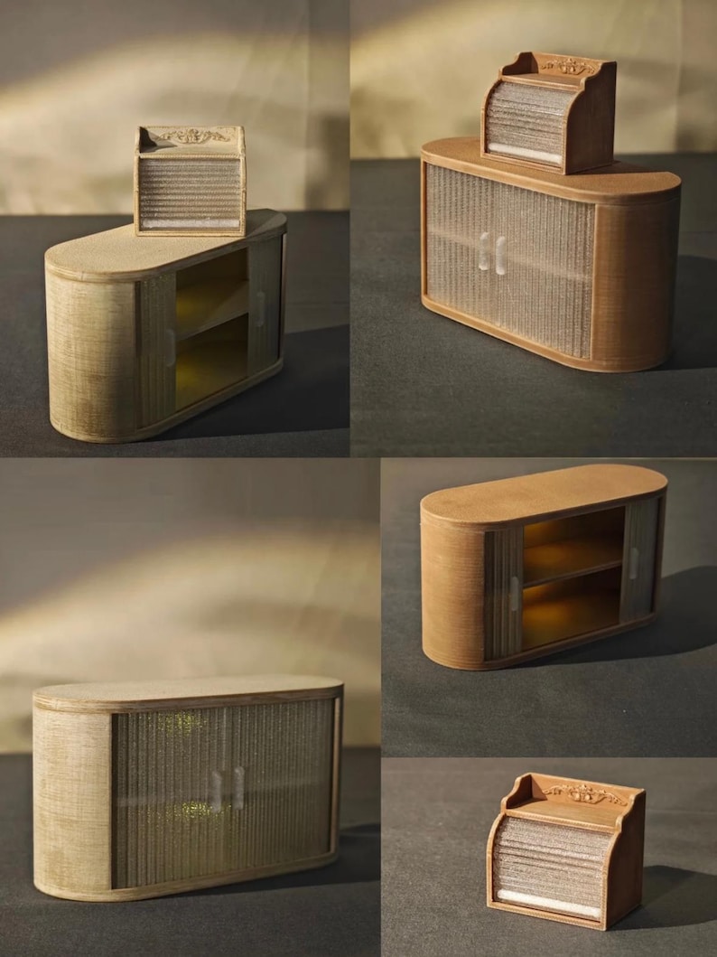 May include: A set of light brown wooden furniture pieces, including a cabinet with sliding doors and a small, decorative top piece. The cabinet has a woven texture on the doors and a curved design. The small piece has a decorative top.