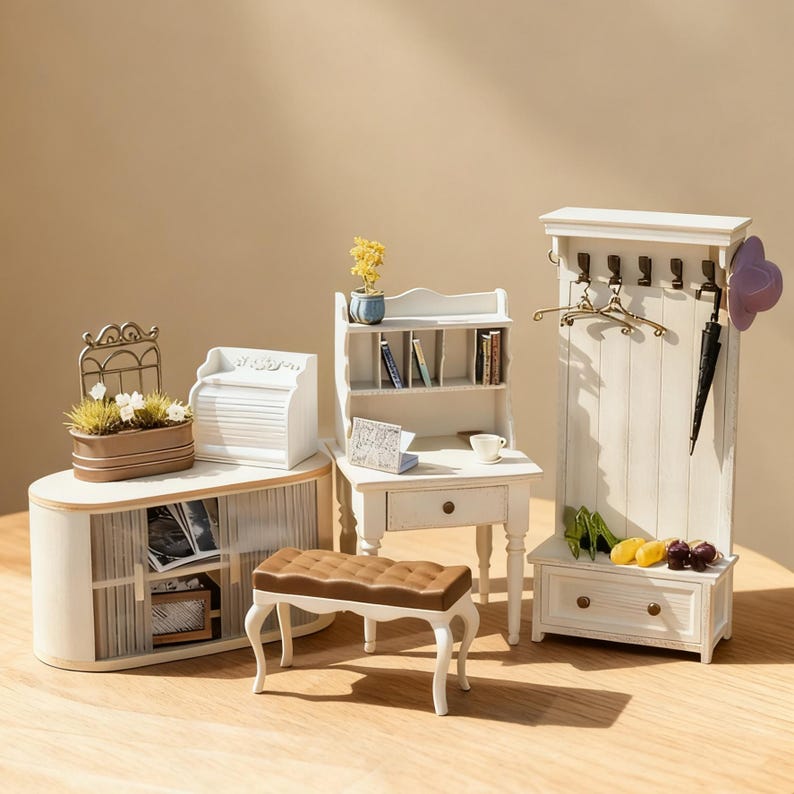 May include: Miniature white furniture set with a bench, desk, cabinet, and coat rack. The set includes a bench with a brown cushion, a desk with a drawer, and a coat rack with hooks. The cabinet has a decorative metal top and a flower box.
