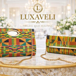 May include: Two handbags with vibrant geometric patterns and gold chain straps are displayed on a marble table. The bags have a rectangular shape with a gold clasp. The brand name "LUXAVELI" is displayed above the bags.