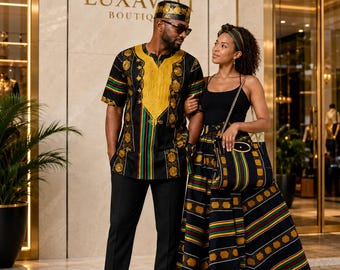 Couples Kente Type 4 African Attire – Matching Maxi Skirt, Headwrap, Shoulder Bag, Embroidered Shirt & Hat