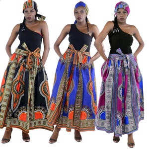 Ensemble Dashiki Haut Et Jupe Bleu Multicolore Femme - Style Africain Traditionnel, Coton, Neuf