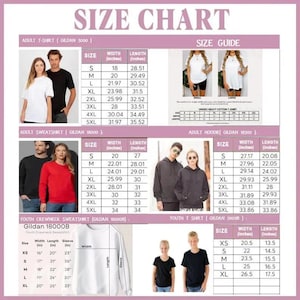 May include: A comprehensive size chart for Gildan apparel, including t-shirts, sweatshirts, and hoodies. The document displays tables with width and length measurements in inches for sizes ranging from XS to 5XL, accompanied by photographs of models wearing the garments.