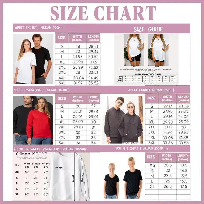 May include: A comprehensive size chart for Gildan apparel, including t-shirts, sweatshirts, and hoodies. The document displays tables with width and length measurements in inches for sizes ranging from XS to 5XL, accompanied by photographs of models wearing the garments.
