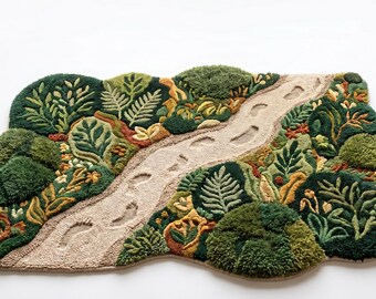 3D Tufted Moss Rug, Woodland Forest Path Carpet, Whimsical Nature Decor, Footprint Accent Mat