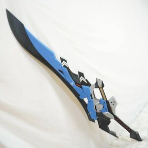 May include: A futuristic-style sword with a black blade and a blue and gray hilt. The sword features geometric designs and accents in white and red. The overall design suggests a science fiction or fantasy theme.