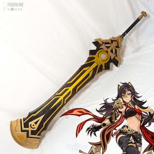 May include: A large, black and gold sword prop with intricate geometric designs. The blade features yellow accents and a stylized hilt. The image also includes a character illustration from Genshin Impact.
