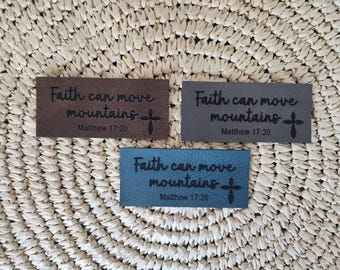 Etiqueta de costura con fe, accesorios de costura, etiqueta para bolso, hecho a mano, etiquetas para ropa, bonito, cosido a mano, etiqueta para ropa, cristiano, orar, mover montañas
