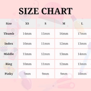 May include: A size chart for nail sizes, with measurements in millimeters. The chart includes sizes XS, S, M, and L, with corresponding measurements for thumb, index, middle, ring, and pinky fingers. The text "SIZE CHART" is at the top.