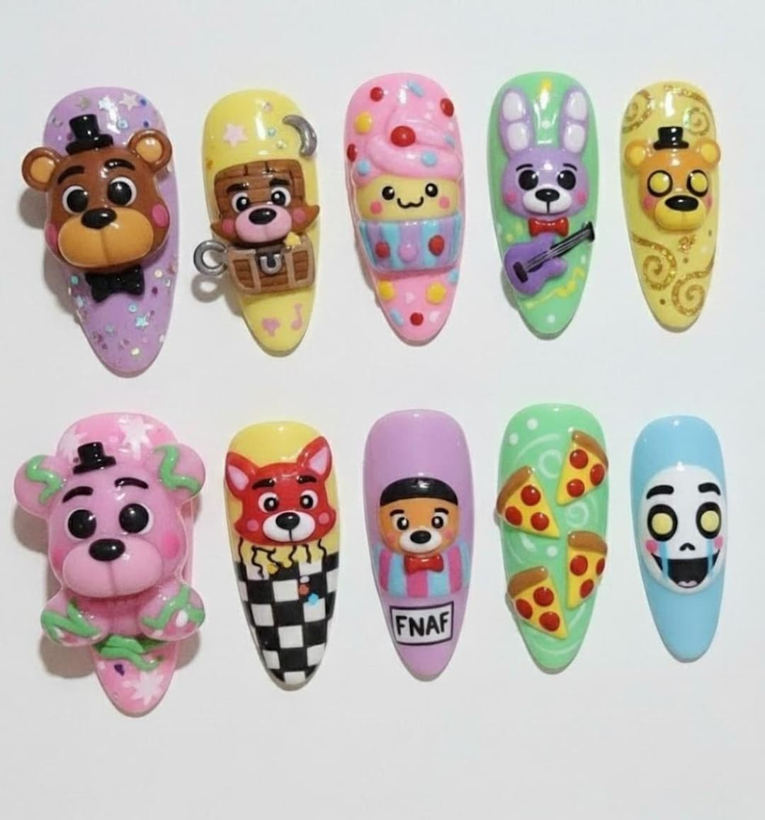 Handmade Cute FNAF Press on Nails, 3D Freddy Bonnie Chica Foxy Art ...