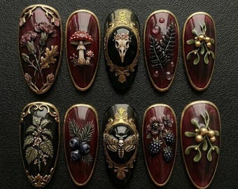 Gothic Nature Curiosities 3D Press On Nails, Victorian Dark Academia Art, Moth & Skull Custom