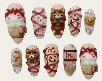 Handmade Gaara Press On Nails, 3D Tanuki Charm, Anime Nail Art