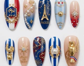 Unghie finte personalizzate fatte a mano con il logo della nazionale francese di calcio, trofeo d'oro 3D, design estetico parigino, scatola per unghie artistiche Allez Les Bleus