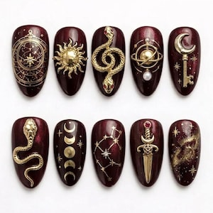 Gothic Witchy Burgundy 3D Press On Nails, Gold Sun Snake Dagger Celestial Art, Mystery Occult Luxury Custom, Almond Shape