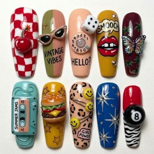 Handmade Retro Y2K Press On Nails, 3D Pop Art & Vintage Custom Fake Nails, Nostalgic 90s Aesthetic Design, Bold Statement Art Nail Box