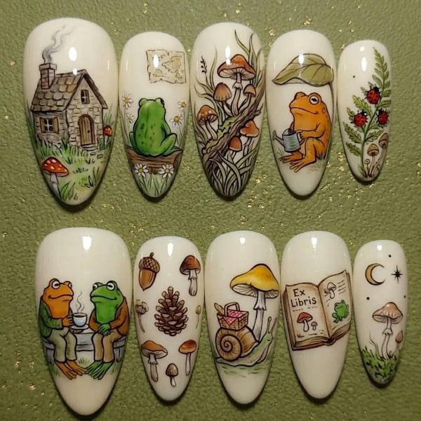 Hand Painted Frog Toad Storybook Nails, Cottagecore Mushroom Snail Art (Long Almond Shape)