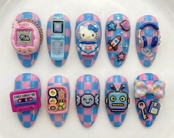 Unghie finte 3D stile retrò Y2K, arte di Hello Kitty astronauta, telefono a conchiglia Tamagotchi personalizzato, forma a mandorla