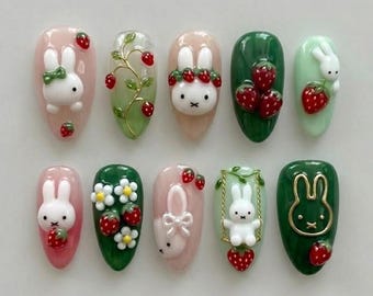 Miffy Inspired Press On Nails, Kawaii 3D Rabbit Strawberry Fruit Garden Fake Nails