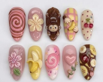 Handmade Cute Monkey Press On Nails, 3D Yellow Banana Cherry Design, Kawaii Pink Gingham Custom Fake Nails, Sweet Cottagecore Summer Art