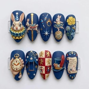 May include: A set of ten navy blue acrylic nails with circus-themed designs. Each nail features a different miniature painting, including a rabbit in a clown costume, a carousel, and a pocket watch.
