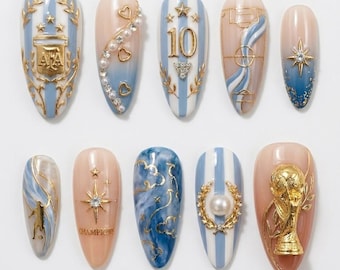 Handmade Argentina Football Press On Nails, 3D Gold World Cup Custom Fake Nails, Messi Tribute Aesthetic Design, Luxury Champions Art