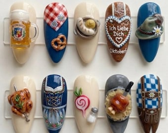 Handgefertigte Oktoberfest-Press-On-Nägel, 3D-Gel-Bierbrezel-Fake-Kunst, bayerische Festtags-Acryl-Nägel, traditionelle deutsche Maniküre