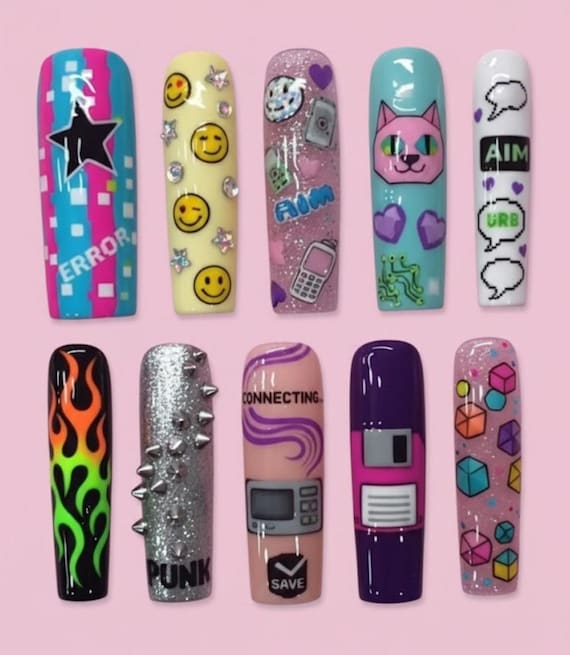 Y2K Retro Press On, Cyberpunk Pixel Art, Punk Flame Gel, Custom Nostalgia Fake Nails