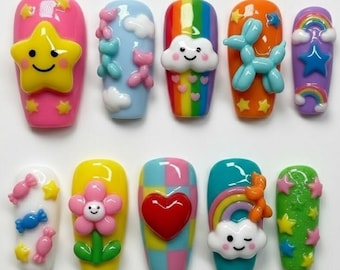 Handmade Kidcore Rainbow Nails, 3D Balloon Dog, Smiley Cloud Star, Indie