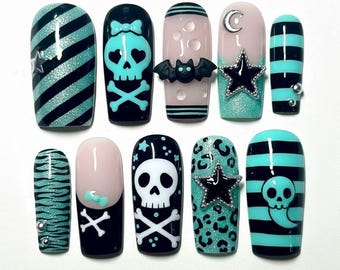 Handmade Teal & Black Skull Press On Nails, 3D Bat Star Goth False Nails