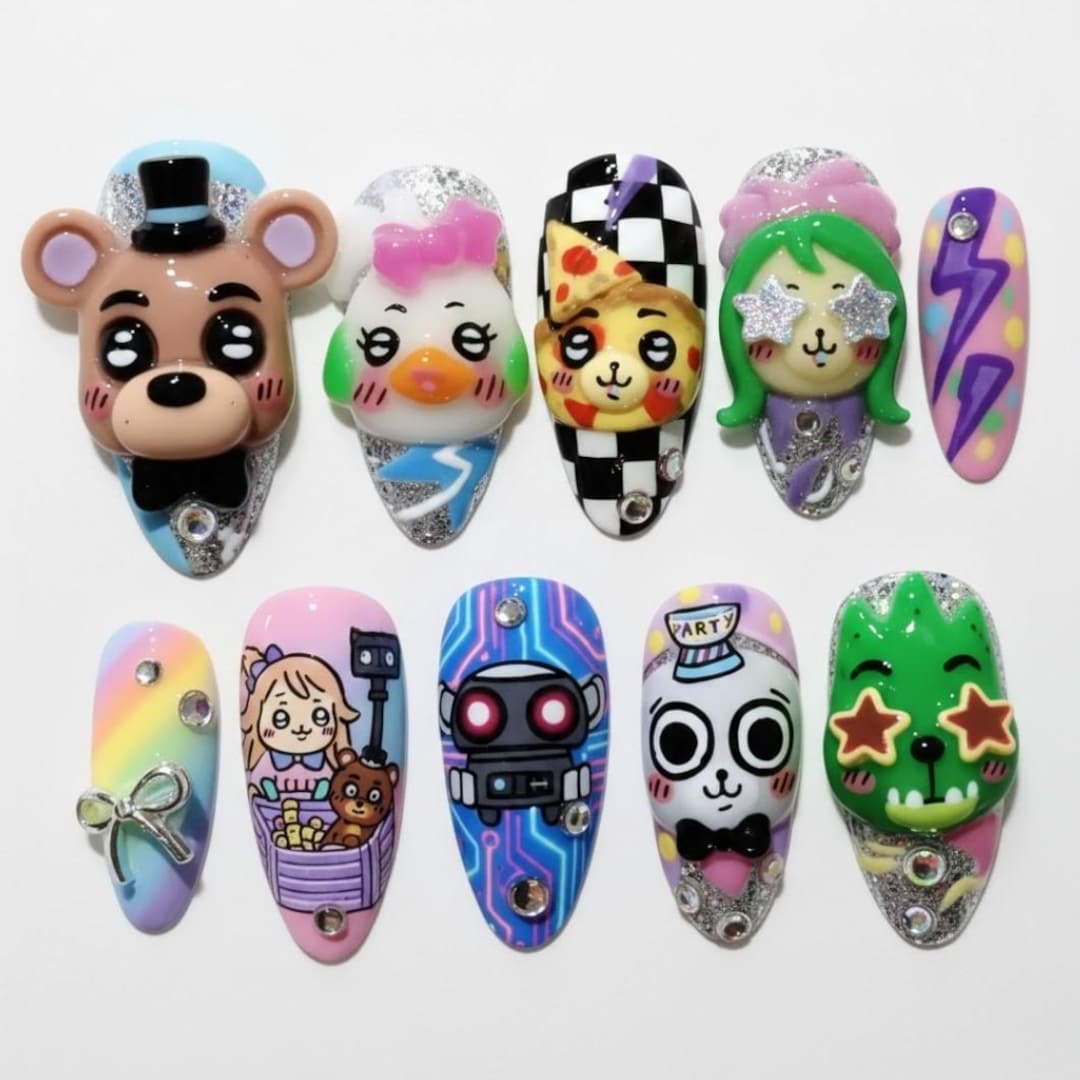Handmade FNAF Security Breach X Chiikawa Nails, Cute Glamrock Freddy ...