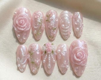 Handmade Pink Pearl Rose Press On Nails, 3D Floral Water Droplets, Bridal Balletcore Art