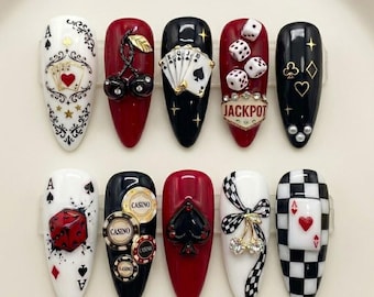 Casino Poker Stiletto Press On Nails, Red Black Dice Jackpot Art, Gambling Queen Custom