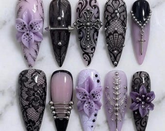 Handmade Gothic Lily Press On Nails, 3D Victorian Lace Custom Fake Nails, Ethereal Purple & Black Design, Edgy Cross Piercing Art Nail Box
