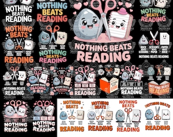 20 diseños PNG de "Nada supera la lectura" - Adorables imágenes prediseñadas para amantes de los libros - Piedra, papel o tijera - Descarga digital para profesores