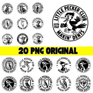 May include: A selection of black and white Little Pecker Club logos. The logos display woodpecker illustrations and the text "Little Pecker Club" and "Makin' Dents". The text "20 PNG ORIGINAL" is also visible.