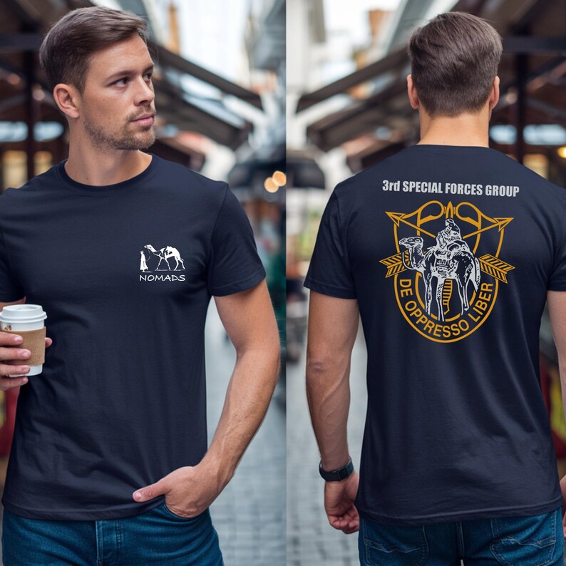 Navy t-shirt with "Nomads" logo on front, and "3rd Special Forces Group" insignia on back.