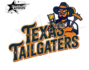 May include: A logo featuring the words "TEXAS TAILGATERS" in navy blue with gold trim. The logo includes an illustration of a man wearing a cowboy hat, sunglasses, and a beard, holding a baseball and a sausage on a fork. The logo also includes the text "Yayah Creation Original Design" and a star.