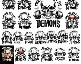 20 Sweating Out All My Demons PNG, Fitness Motivation Shirt PNG, Kettlebell Lifting Design, Gym Skull Workout Art, Weightlifting Printable