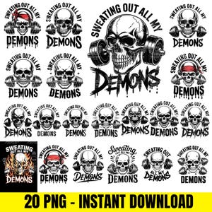 Może przedstawiać: Kolekcja czarno-białych wzorów czaszek z hantlami, słuchawkami i bandanami. Tekst "SWEATING OUT ALL MY DEMONS" jest zawarty. Na dole obrazu widnieje napis "20 PNG - INSTANT DOWNLOAD".