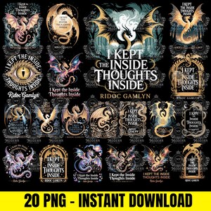 Op de afbeelding: Een verzameling van 20 PNG digitale kunstbestanden met fantasiedraken in verschillende poses en kleuren. Elk ontwerp bevat de tekst "I Kept the Inside Thoughts Inside" en de naam van de kunstenaar. De afbeeldingen staan tegen een donkere achtergrond.
