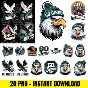 Op de afbeelding: Een verzameling digitale afbeeldingen met adelaars, American footballs en de tekst "GO BIRDS". De ontwerpen omvatten adelaars met mutsen, in vlucht en met voetballen. Het kleurenschema is voornamelijk groen, zwart en wit.