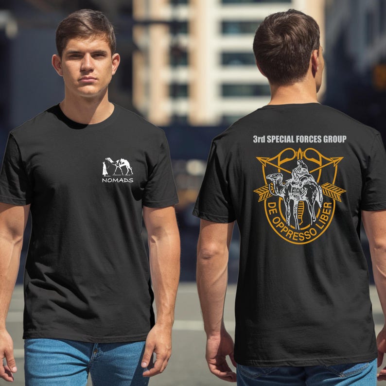 Black t-shirt with "Nomads" camel logo on front, "3rd Special Forces Group" emblem on back.